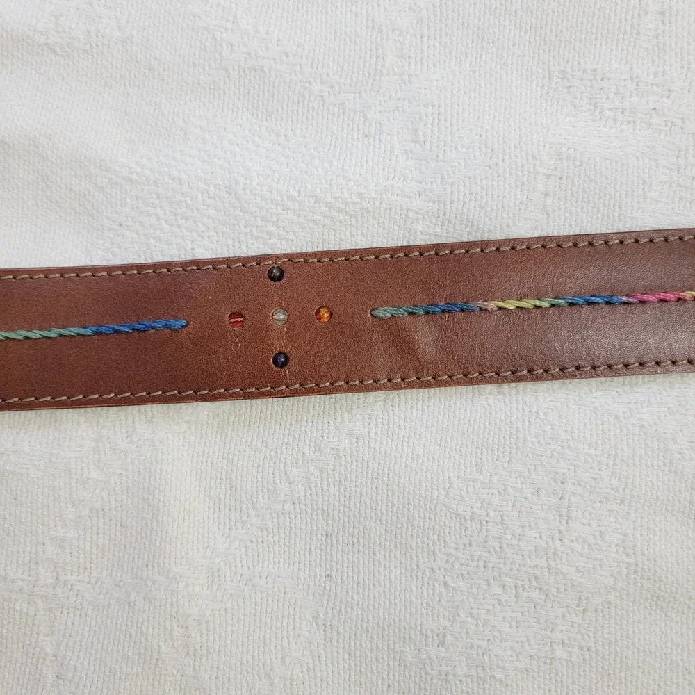 VTG The Limited Wide Brown Leather Belt Made in Italy Rainbow Embroidery Beads L